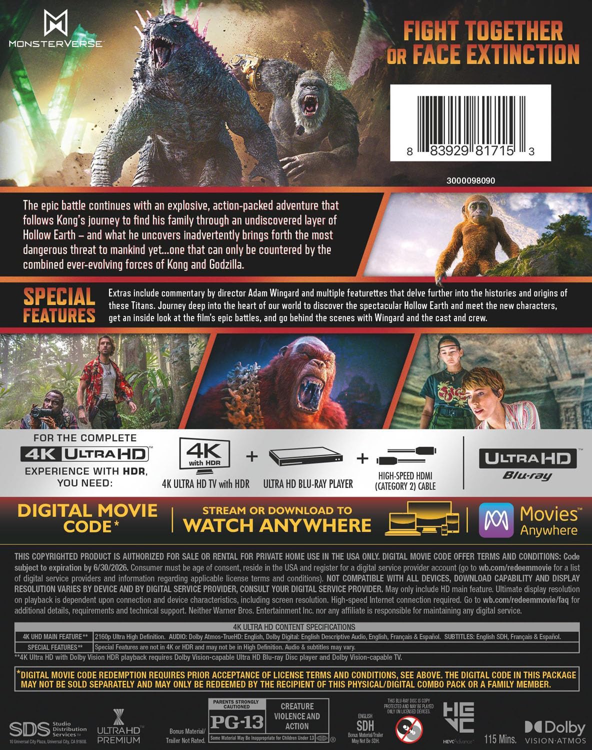 Godzilla x Kong: The New Empire (4K UHD + 4K Digital Code) No Slipcover