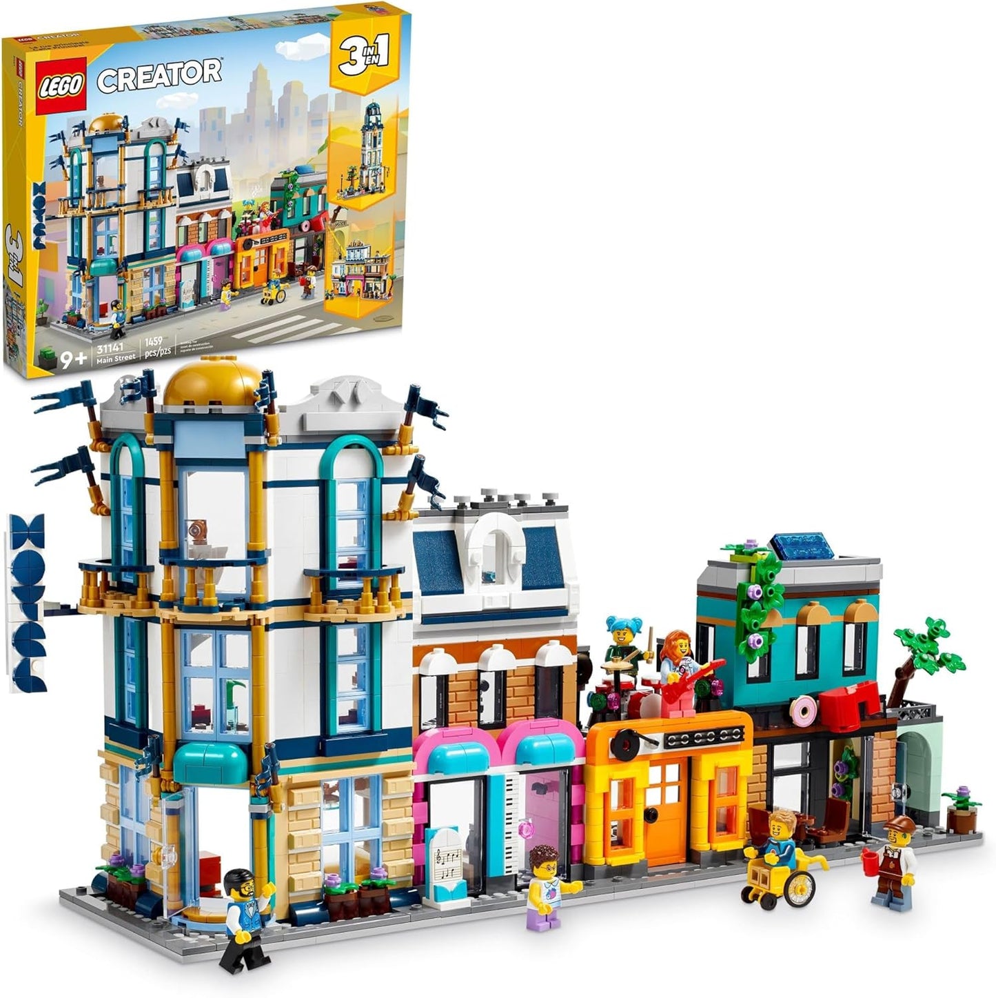 LEGO Creator Main Street 31141 Building Toy Set, 3 in 1 Features a Toy City Art Deco Building, Market Street Hotel, Café Music Store and 6 Minifigures