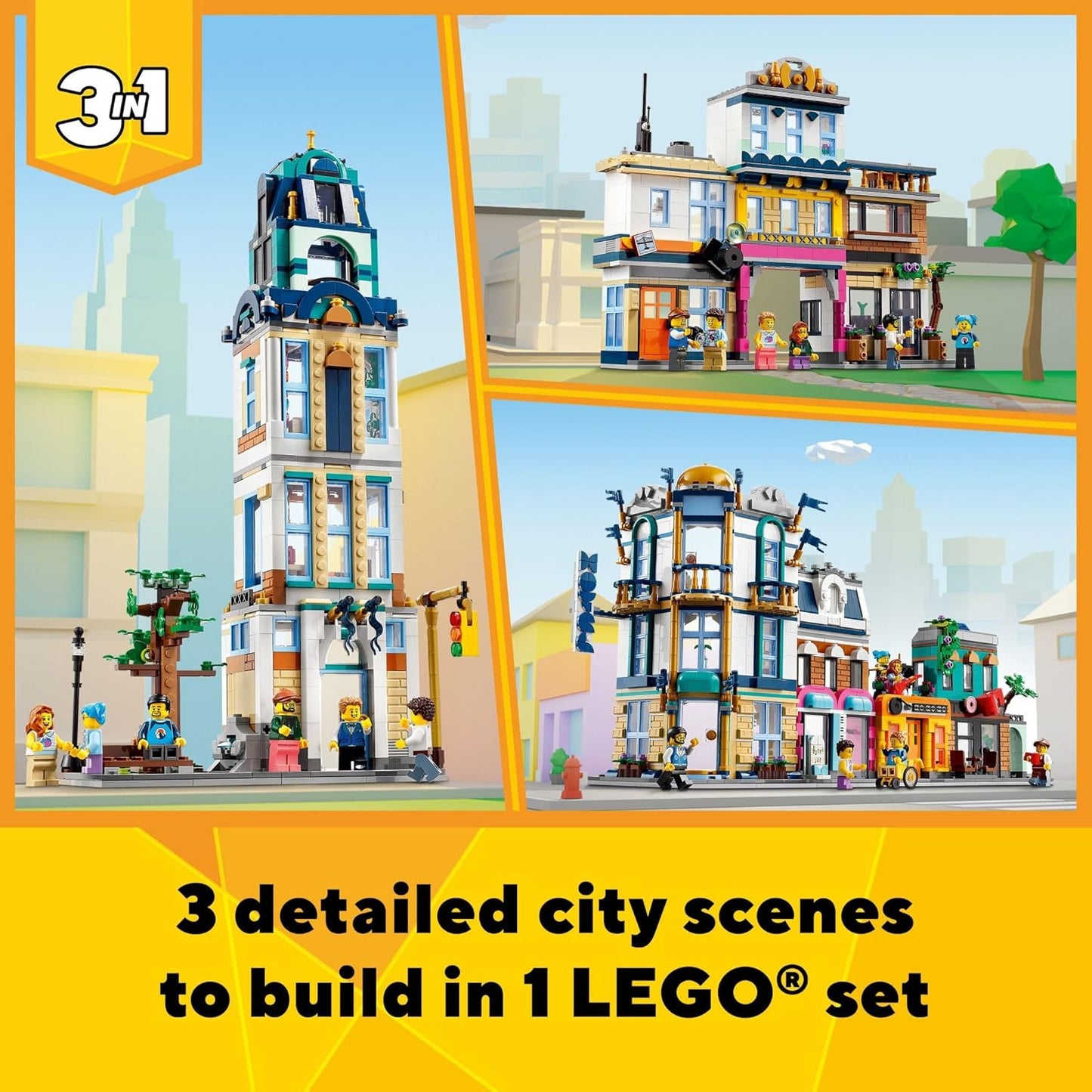 LEGO Creator Main Street 31141 Building Toy Set, 3 in 1 Features a Toy City Art Deco Building, Market Street Hotel, Café Music Store and 6 Minifigures